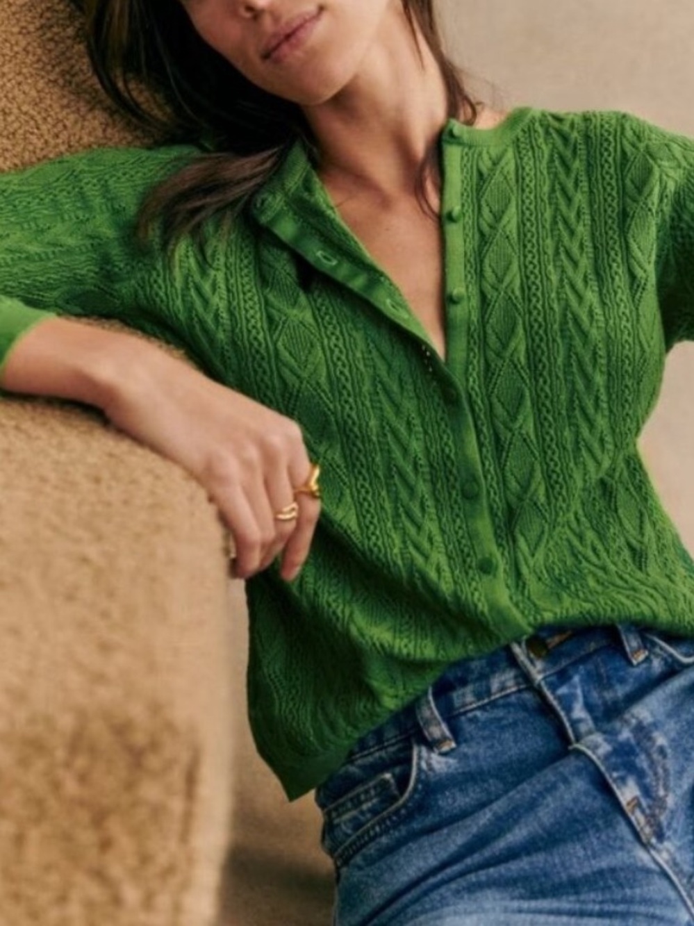 Sezane Ruben Cardigan Sweater Green Verde 100% Cotton XXS
